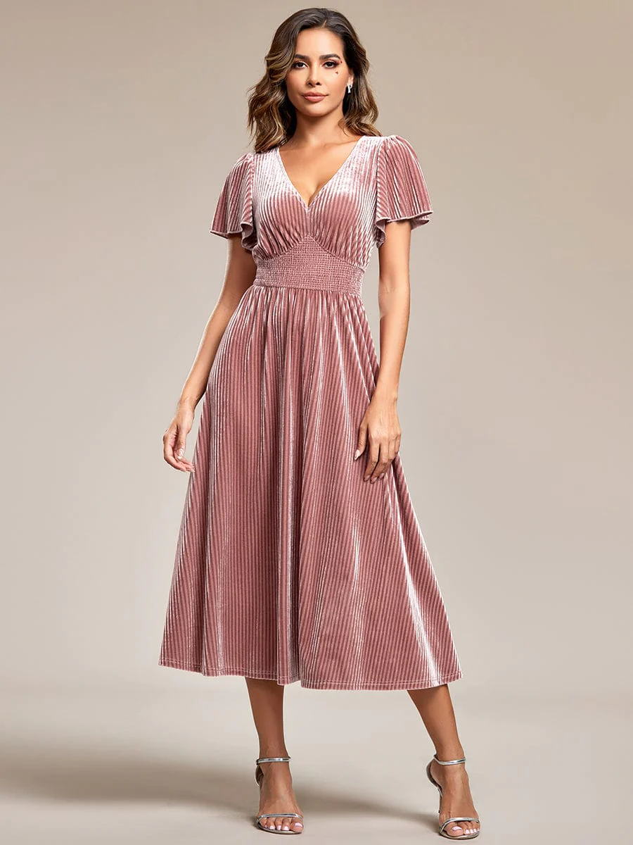 Graceful V-Neck Waist Design Short Sleeves Fall Velvet Midi Bridemaid Dress