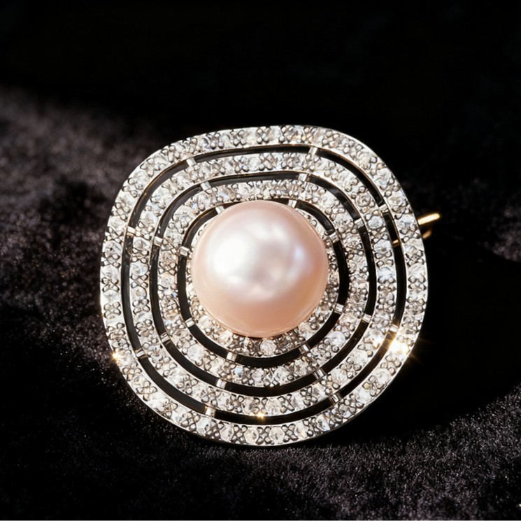 Eye-catching Layered Design Round Pearl Brooch, Copper Alloy Micro-inlaid Zircon Openwork Pin, Exquisite Corsage