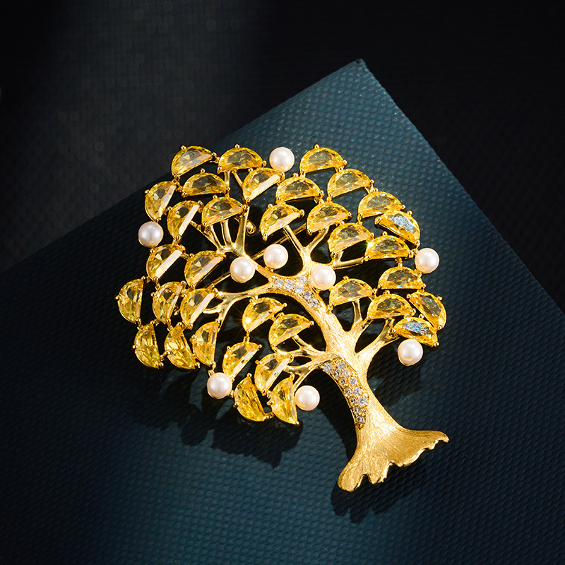 High-end, Luxurious Money Tree Brooch, Made Of Copper Alloy, Plated With Real Gold And Inlaid With Zircon, A Subtle And Exquisite Piece Of Clothing Accessory.