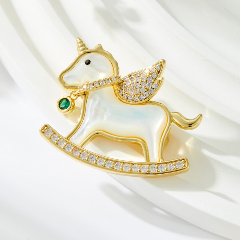 Original Design Natural Mother-of-pearl Unicorn Brooch, Copper Alloy, Genuine Gold Plated, Micro-inlaid Zircon, Rocking Horse Pin, Corsage.