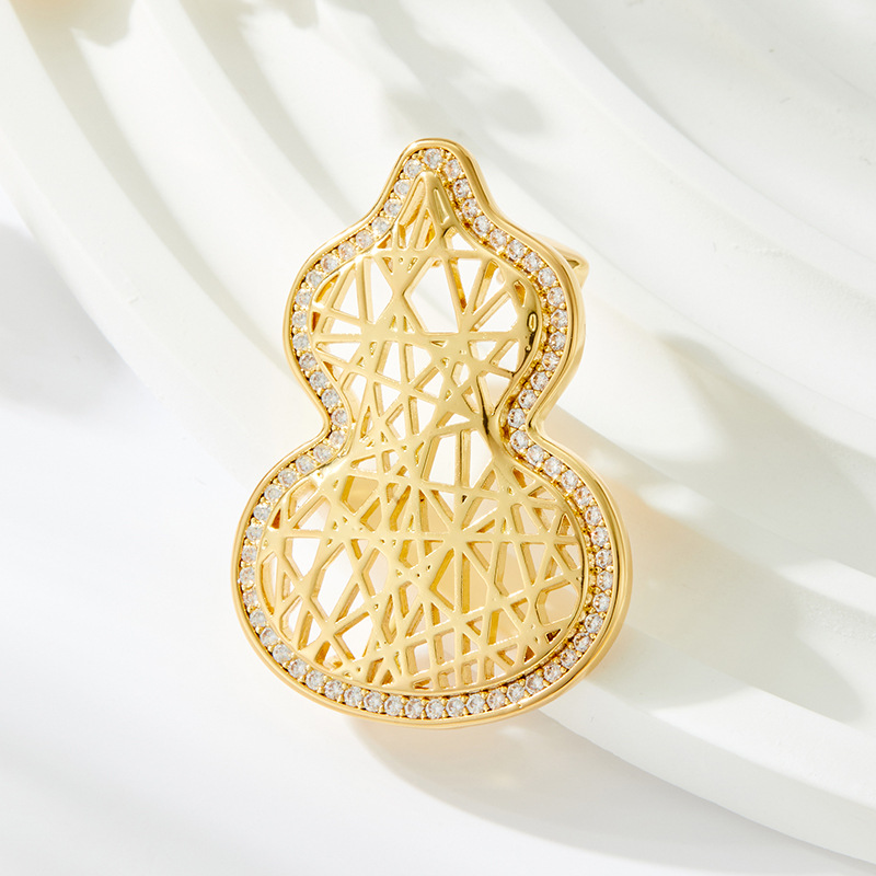 Original Design Of A Gourd Brooch Symbolizing Good Fortune And Prosperity, Made Of Copper Alloy, Plated With Real Gold, Openwork, And Inlaid With Zircon.