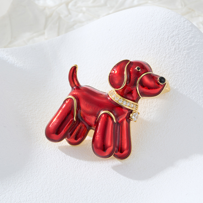 Original Design, Adorable Red Enamel Puppy Brooch, Copper Alloy, Real Gold Plated, Inlaid With Zirconium, Exquisite Pin/corsage.