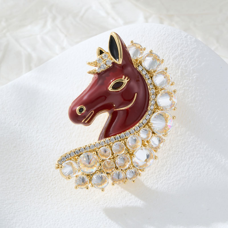 Original Design, High-end Zodiac Horse Brooch, Copper Inlaid With Zircon, Electroplated With Real Gold, Enamel, And Dripping Oil.