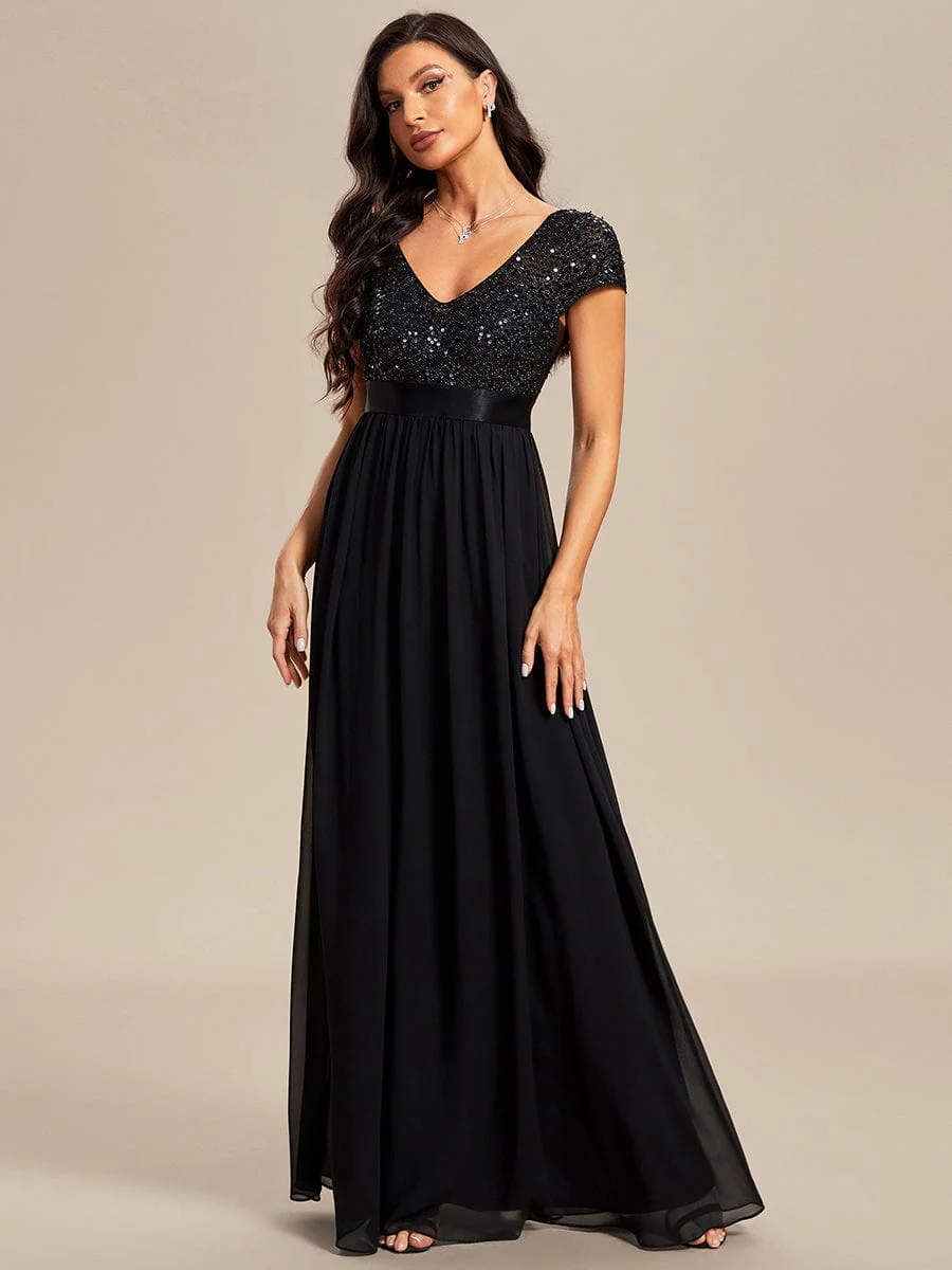 Greta | Empire Waist V-Neck Cap Sleeve Chiffon Formal Evening Dress