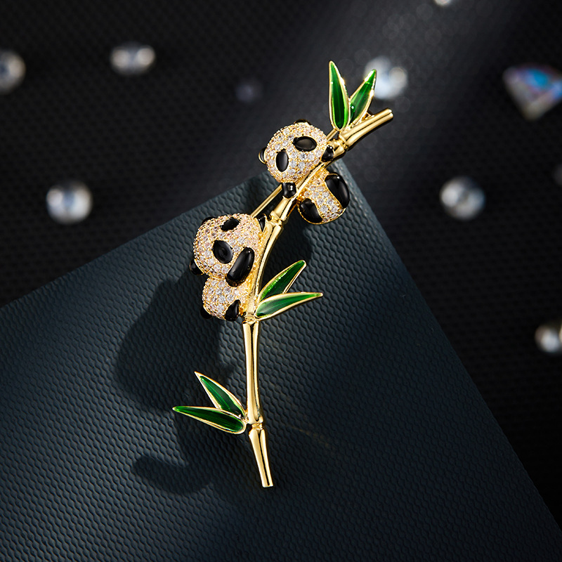Original Design, Cute And Adorable Patriotic Panda Brooch, Copper Alloy With Zircon Inlay, Bamboo Leaf Pin, New Style Corsage.
